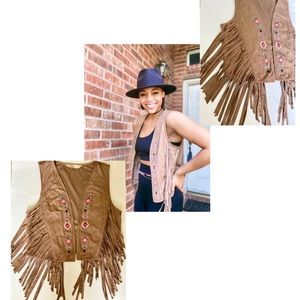 Suede fringe vest w/ tribal embroidery